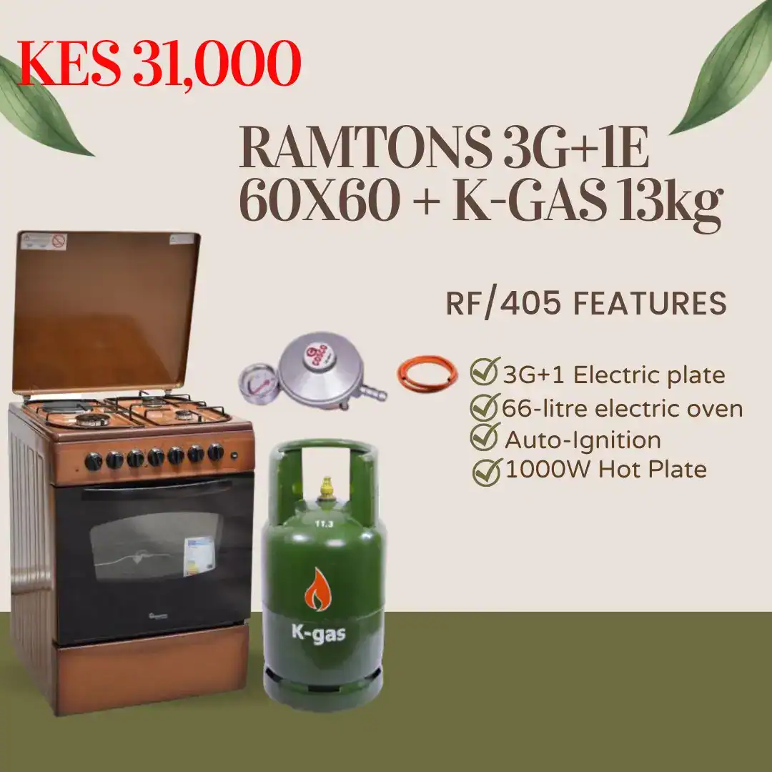 K-GAS 13kg + Ramtons RF/405 Cooker Price Kenya | KSh 31,000 | Free Delivery 2 Mika Standing Cooker 60x60 3G+1E + K-Gas 13kg Full - KSh 19,499 - kegasdealers