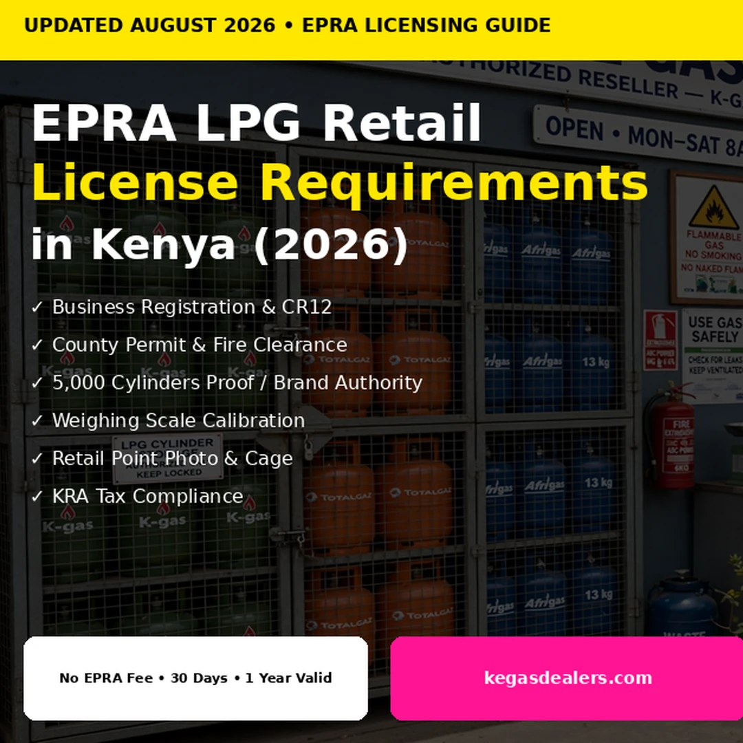 EPRA LPG Retail License Requirements in Kenya 2026 - business registration, county permit, 5000 cylinders proof, weighing scale calibration, retail point photo
