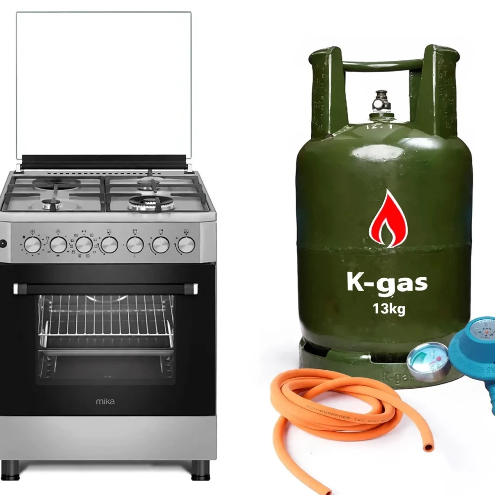 Mika 60x60cm 3 Gas and 1 Electric Standing Cooker bundled with a complete 13kg K-Gas cylinder for home kitchens in Kenya