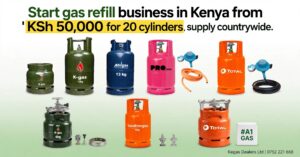 Start your profitable LPG gas refill business in Kenya from as low as KSh 50,000 for 20 cylinders. We supply K-gas 6kg and 13kg, TotalEnergies 6kg and 13kg, Afrigas 13kg, Pro Gas 13kg, plus regulators, pipes and burners wholesale. Main store in Mombasa, Kilindini Zanzibar Road Opposite Elite Tools Limited, delivery countrywide to Nairobi, Kisumu, Nakuru, Eldoret, Thika and all towns. Training and EPRA license guidance included. Call / WhatsApp 0752 221 668