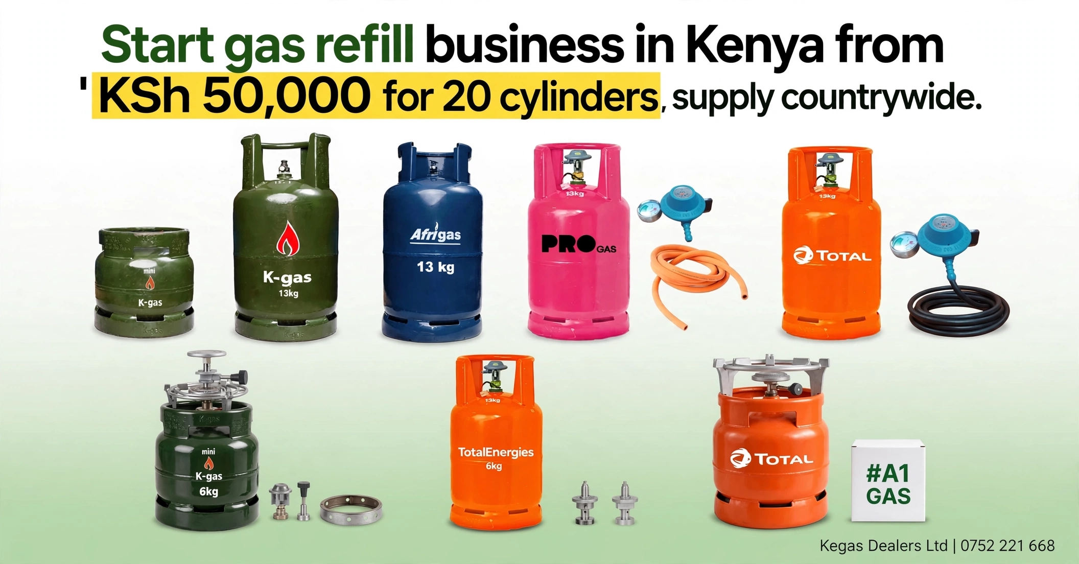 Start your profitable LPG gas refill business in Kenya from as low as KSh 50,000 for 20 cylinders. We supply K-gas 6kg and 13kg, TotalEnergies 6kg and 13kg, Afrigas 13kg, Pro Gas 13kg, plus regulators, pipes and burners wholesale. Main store in Mombasa, Kilindini Zanzibar Road Opposite Elite Tools Limited, delivery countrywide to Nairobi, Kisumu, Nakuru, Eldoret, Thika and all towns. Training and EPRA license guidance included. Call / WhatsApp 0752 221 668