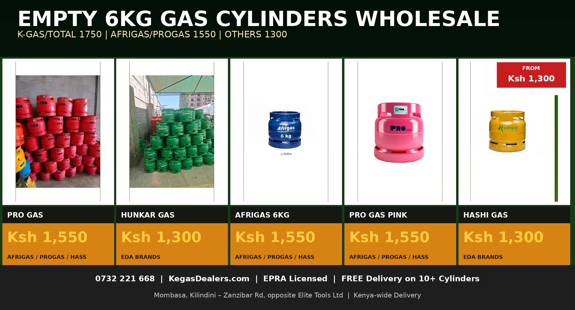 Empty 6kg gas cylinder prices in Kenya | KSh 1,300–1,750 1 Empty 6kg gas cylinder price in Kenya - K-Gas, Total, Afrigas, ProGas and EDA brands from KSh 1,300